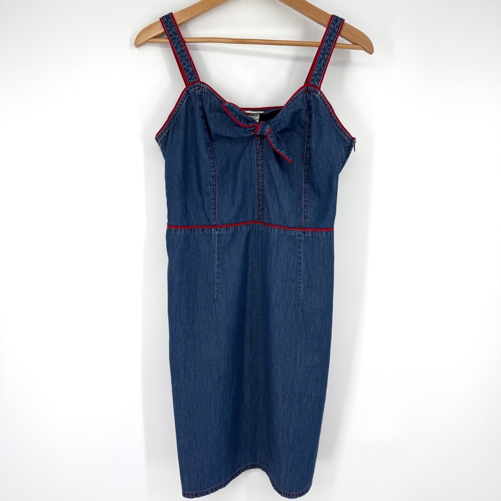 Y2K Faded Glory Women 10 Denim Dress Blue Red Trim Bow Tie Front Americana USA - Picture 2 of 6